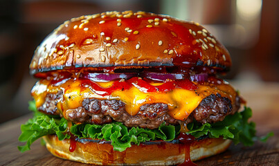 Mouthwatering Smashed Burger Delight - Juicy Patty, Melted Cheese, Tangy BBQ Sauce on Grilled Bun