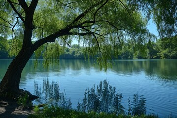 Obraz premium Willow Tree by a Pond: Graceful branches hanging over calm water.