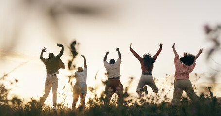 Group, friends and jump or sunset field for outdoor vacation for connection, holiday or milestone....
