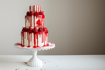 Delicious 3 layer buttercream cake with berries fruit red dripping icing for Halloween event drip wedding birthday bakery banner mock up romance horror gore cake decorating background copy space