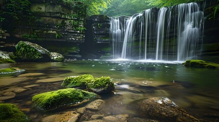 Serene waterfall in a lush forest clearing with sun rays peeking through