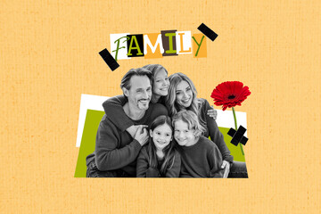 Composite photo collage of happy family dad mom daughter brother cuddle together holiday celebrate...