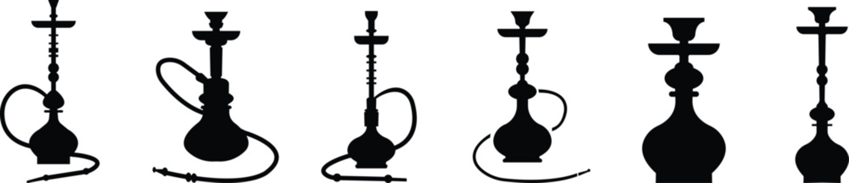 hookah icons black set, Shisha Icon symbol , isolated on Transparent Background, Nargile, Nargila, Hubbly bubbly, Shisha Arabic Style, logo template design smoke clip art. restaurant cafe icons.