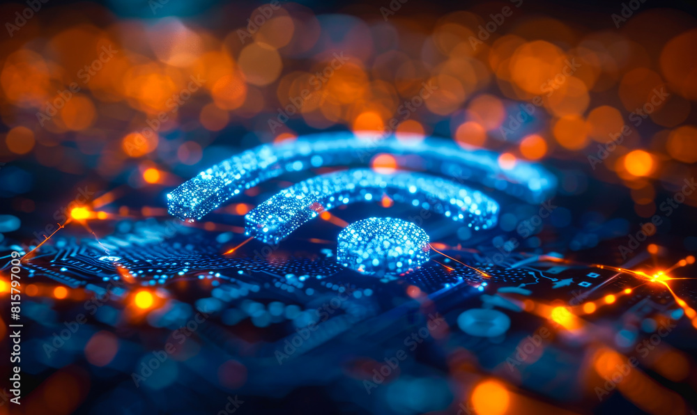 Aufkleber connected tech world: glowing wifi symbol, abstract data visualization, futuristic network concepts