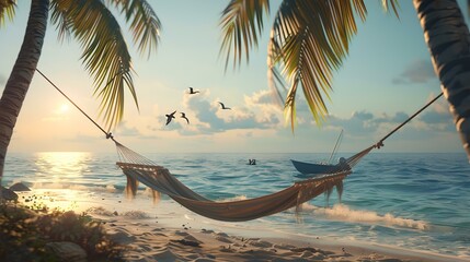 Serene beach sunset with hammock between palm trees and distant sailboat