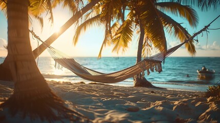 Serenity by the sea: relaxing hammock between palm trees at sunset