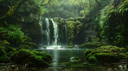 Tranquil waterfall oasis in lush green forest - a perfect scene for serenity and nature backdrops