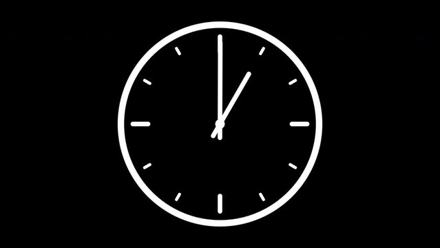 Timelapse of spinning clock animation in a 12-hour loop for alpha channel or tint layer. Seamless motion animated footage of a white-colored watch with moving hands, representing the concept of time