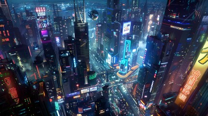 Futuristic urban nightscape: neon lights and skyscrapers glimmer in a high-tech city