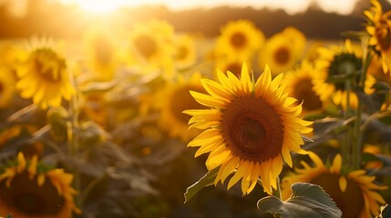 Obraz premium Golden sunset over vibrant sunflower field - a tranquil summer scene