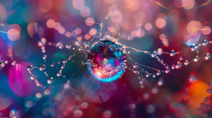 Vibrant dewdrops on spiderweb with colorful bokeh background for nature-inspired art