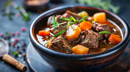 Bowl with tasty beef stew closeup