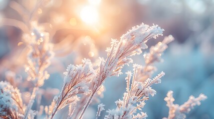 A closeup of frost-covered grasses in the foreground, with soft sunlight filtering through them, creating a dreamy and ethereal atmosphere.

