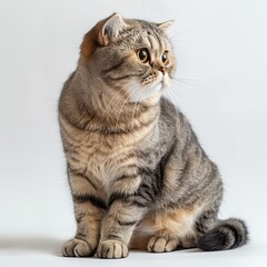 Scottish Fold cat sitting elegantly, fluffy ears folded, pure white background