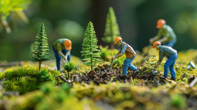 Close-up of tiny people planting trees on a lush mossy landscape, demonstrating reforestation efforts in a detailed miniature model