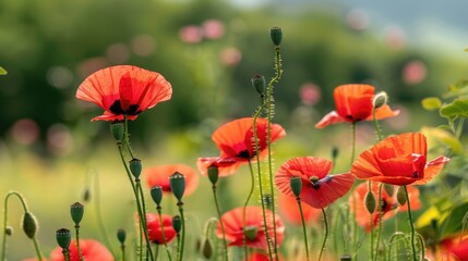 Blooming poppies in a meadow during the spring season in a natural landscape