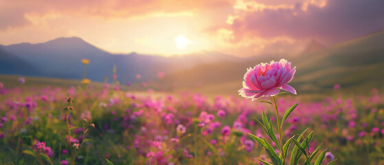 Fototapeta premium Single pink peony blooming in a vast mountain meadow at sunset.