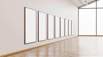 A modern art gallery showcasing a diagonal array of six plain white frames, each decreasing in size from one end of the wall to the other.
