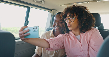 Selfie, social media and friends in car for road trip, travel or journey together on summer...