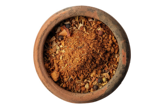 Top view of Rasel hanout spice in a wooden bowl isolated on transparent background