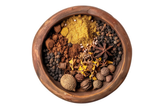 Top view of Rasel hanout spice in a wooden bowl isolated on transparent background