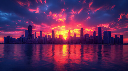 Fototapeta premium A visually elaborate image showcasing the silhouette of a city skyline at sunset, with the outlines of skyscrapers and high-rise buildings creating a dynamic and energetic composit
