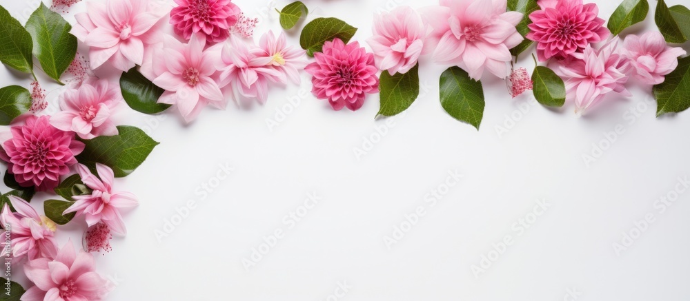 Poster a floral arrangement with pink flowers and green leaves forms a frame on a white backdrop leaving em