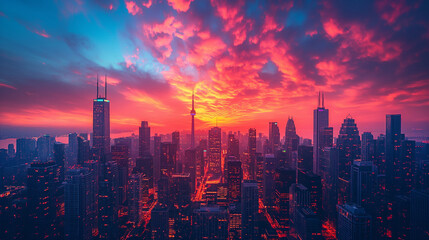Naklejka premium A breathtaking photograph capturing the silhouette of a city skyline at sunset, with towering skyscrapers outlined against a vibrant sky painted in hues of orange, pink, and purple