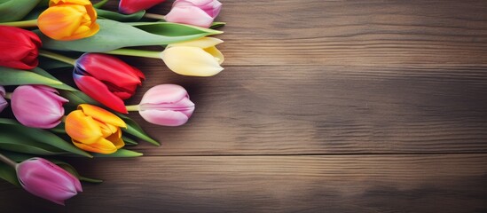 Copy space image of tulips arranged on a rustic wooden background leaving ample room for adding text