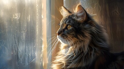 A fluffy cat with long hair looking out the window in soft sunlight.
