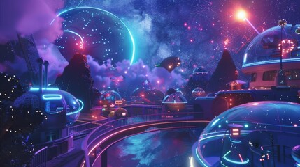 Celestial Space Colony with Retro-Futuristic Bubble Habitats and Neon Walkways.