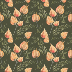 Watercolor physalis seamless pattern, watercolor illustration, background. handmade watercolor for wrapping paper, wallpaper, fabric, scrapbooking, autumn decoration, orange, green, dried flowers