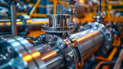 Detailed view of industrial machinery with metallic components and pipes
