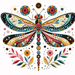 This picture shows a dragonfly with patterned wings. Surrounded by flowers and unusual looking circles. All of this on a black background.