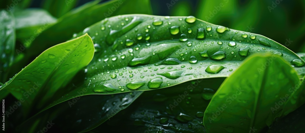 Poster a copy space image capturing the texture and background of raindrops on lush green leaves