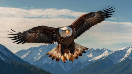 Stunning Majestic American Bald Eagle Soar The Skies With Mountain Landscape In The Background 300 PPI High Resolution Image Suitable For Wall Art Print And Poster Production