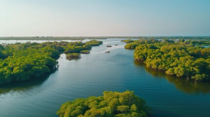 Gambia Mangroves. Aerial view of mangrove forest in Gambia. Photo made by drone from above. Africa Natural Landscape