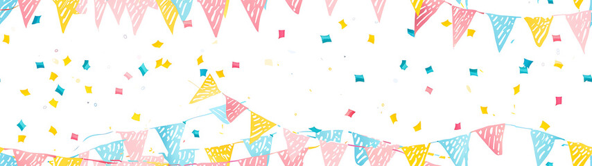 birthday flag line on a white background - background with confetti - Seamless tile. Endless and repeat print.