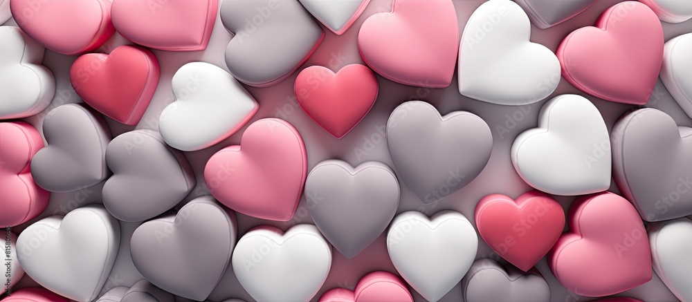 Poster a close up image with a white background displaying hearts in pink and grey providing copy space