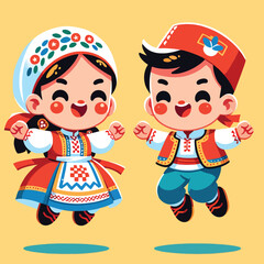 Cartoon of cute children wearing traditional Croatian clothes jumping for joy