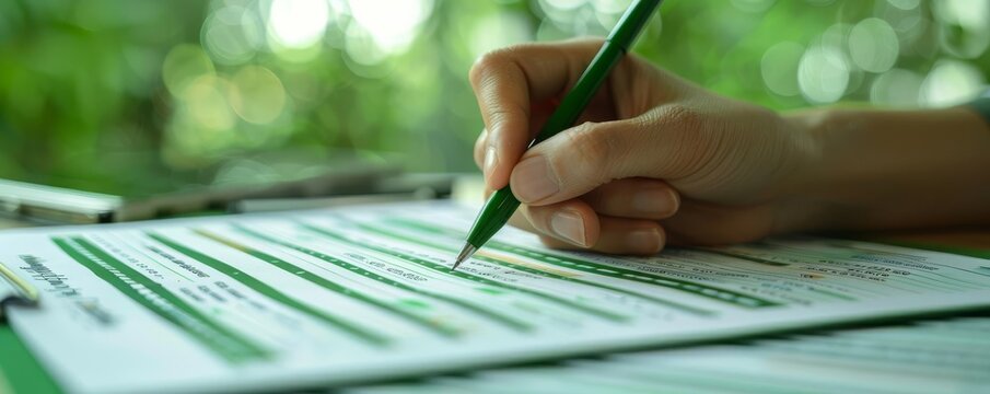 Closeup of a hand writing on green financial documents, emphasizing sustainable business practices