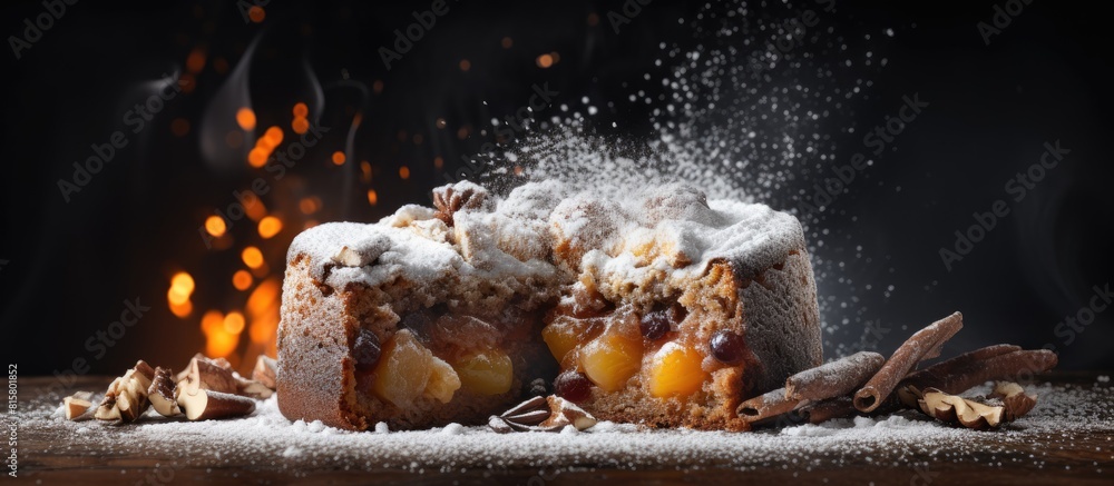 Poster a close up shot of a dark moody apple cake with nuts and powdered sugar captured in a studio the ima