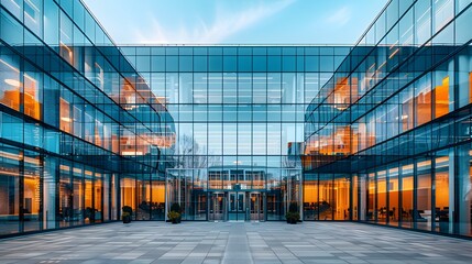 Fototapeta premium A glass building with high-performance glazing, showcasing energy efficiency and modern architecture in commercial office buildings. 