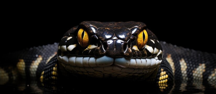 A close up image of a banded sea krait laticauda colubrina showing its head with copy space