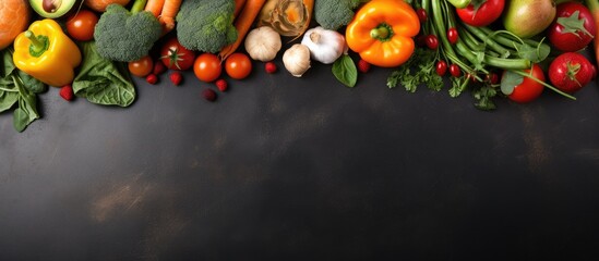 A collection of healthy vegetables and fruits is displayed on a black cement or stone background...