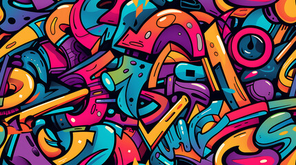Fototapeta premium graffiti on wall - Cartoon style, multi color, colorful - Bold and vibrant graffiti doodles with expressive lines and vibrant colors - Seamless tile. Endless and repeat print.