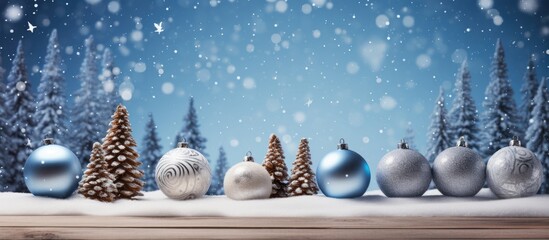 A wooden background covered in snow serves as the backdrop for a copy space image featuring blue and silver decorated Christmas balls hanging