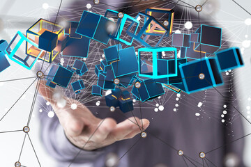 network holding in hand 3d connection data