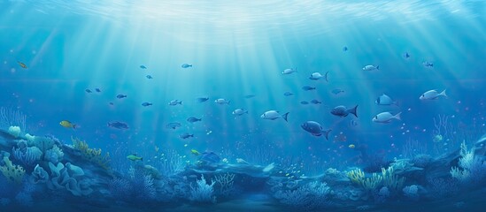 Fototapeta premium Underwater or sea ecosystem with a school of fish creating a vivid abstract image against a blue copy space background