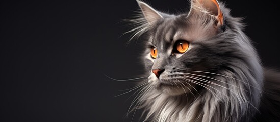 A cute grey cat with long hair and striking orange eyes gazes to the left in the copy space image